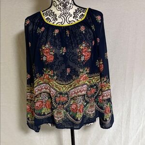 Willa Boutique Elegant Floral Sheer Silk Blouse - Navy and Pink One of a kind